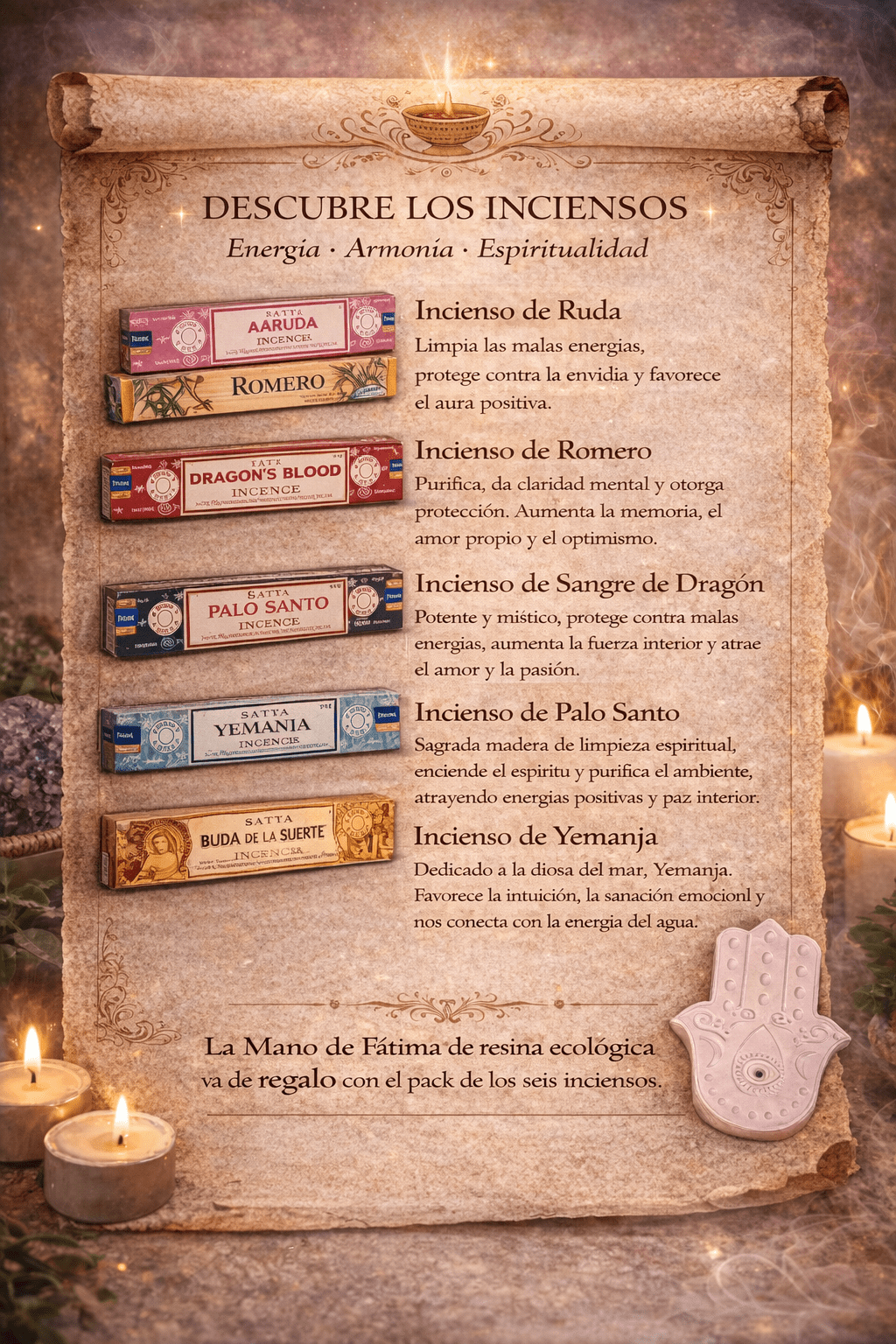 Pack de Inciensos Espirituales con Mano de Fátima - AROMACHIOPack de Inciensos Espirituales con Mano de FátimaInciensos