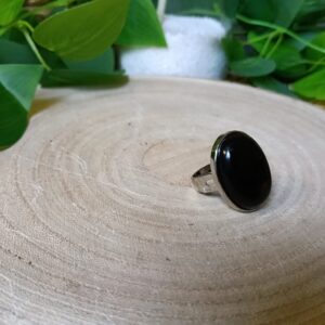Anillo Obsidiana Negra Color Plateado