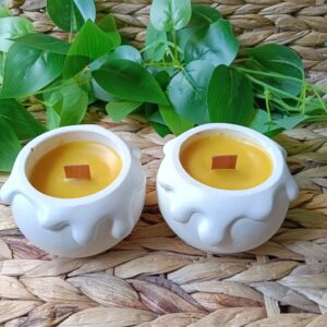 Vela Artesanal Cuenco Blanco Mecha Madera Cera Aroma de Miel Amarilla