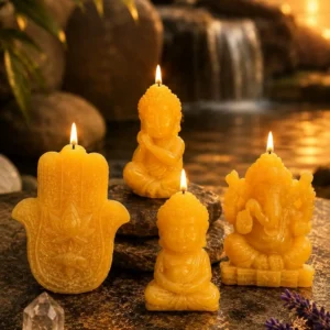 Conjunto Velas Artesanales Artesanal Cera De Soja Natural Mano De Fátima Buda Ganesha Aroma Miel