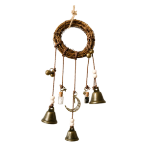 Campana de brujas con minerales cuarzo blanco y obsidiana