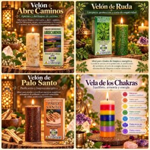 Velones Rituales de Intención  -Abre Caminos, Ruda , Palo Santo y Chakras